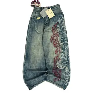 Y2K American New Pattern Embroidery Baggy Jeans Men High Street Vintage Hip Hop Fashion Casual Joker Couple Wide-leg Pants.Aa