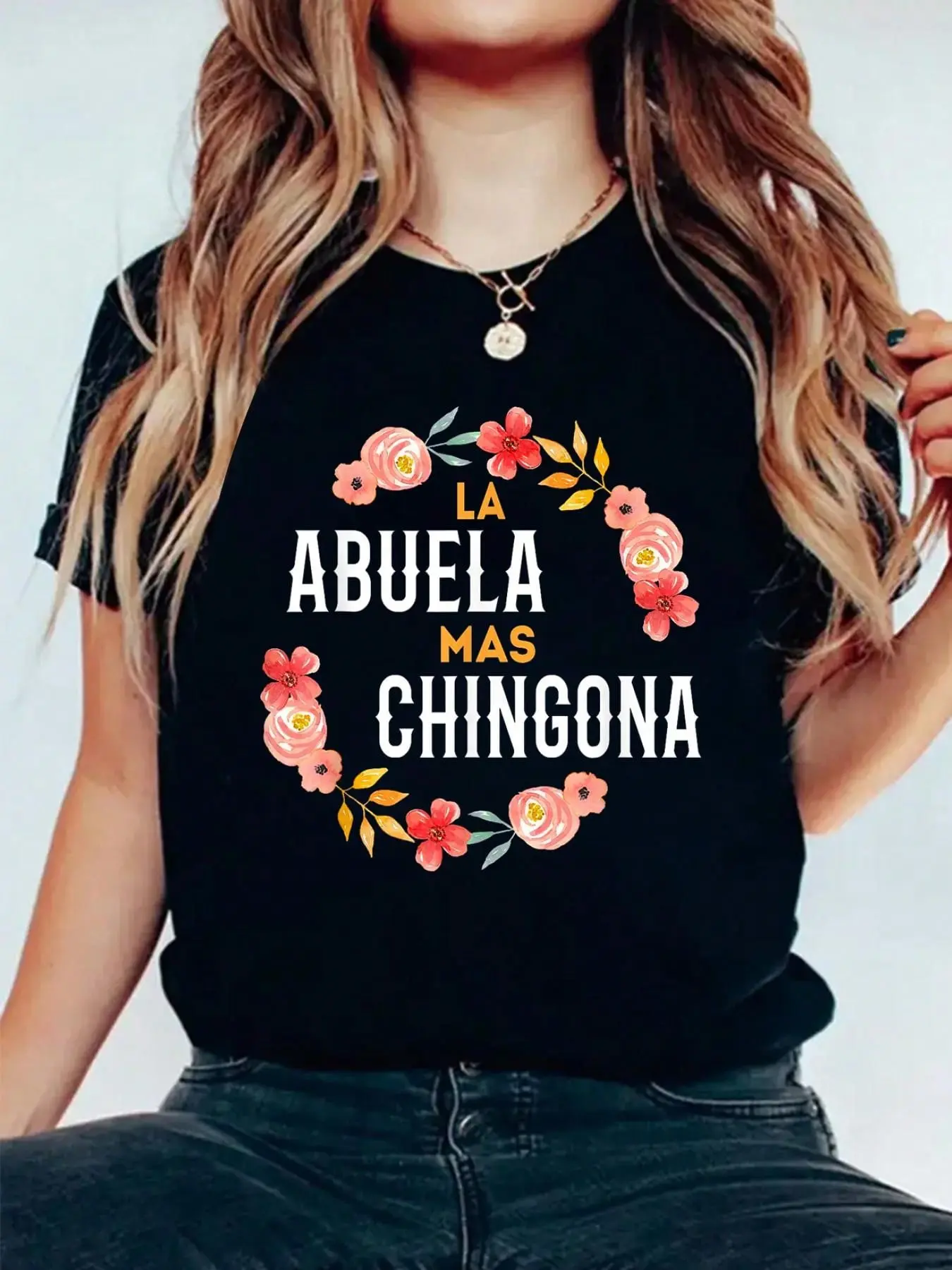 Women's Casual Graphic T-Shirt, Loose Fit La Abuela Mas Chingona Floral Print Style, 100% Cotton Short Sleeve Top, Shortsleeve, Tshirt, Flattering Loose Fit, Floral Graphic, Stand Out, Pairs W/ Shorts/Jeans, Party‑Ready Tee