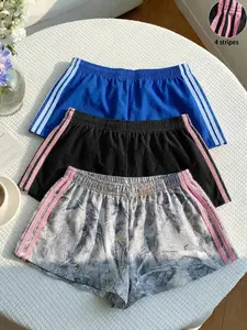 3 pieces, thin four bar quick drying breathable sports shorts for women's summer retro casual elastic waist wide leg shorts Tropical Print Shorts # 3 shorts, # PinkStripe shorts # Y2K fashion # sports shorts # elastic waist shorts # home pants