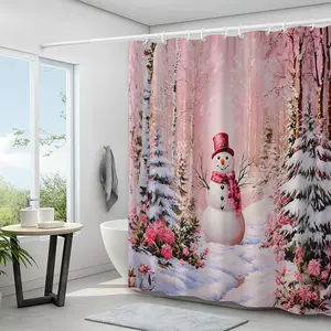 Snowman Pattern Shower Curtain, 1 Count Cute Cartoon Bathroom Curtain with 12pcs Hooks, Bathroom Decor Supplies for Home Hotel Salon Dormitory