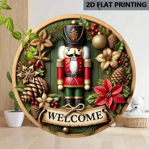 1pc Vintage Christmas Nutcracker Decorative Wall Plaque - Metal Flat Printed Welcome Sign With Nutcracker Theme, Multipurpose English Language Round Plaque, Suitable For Cafe, Garden, Yard, Farm, Bar, Room Decor - Ideal Christmas Gift, Christmas Decor