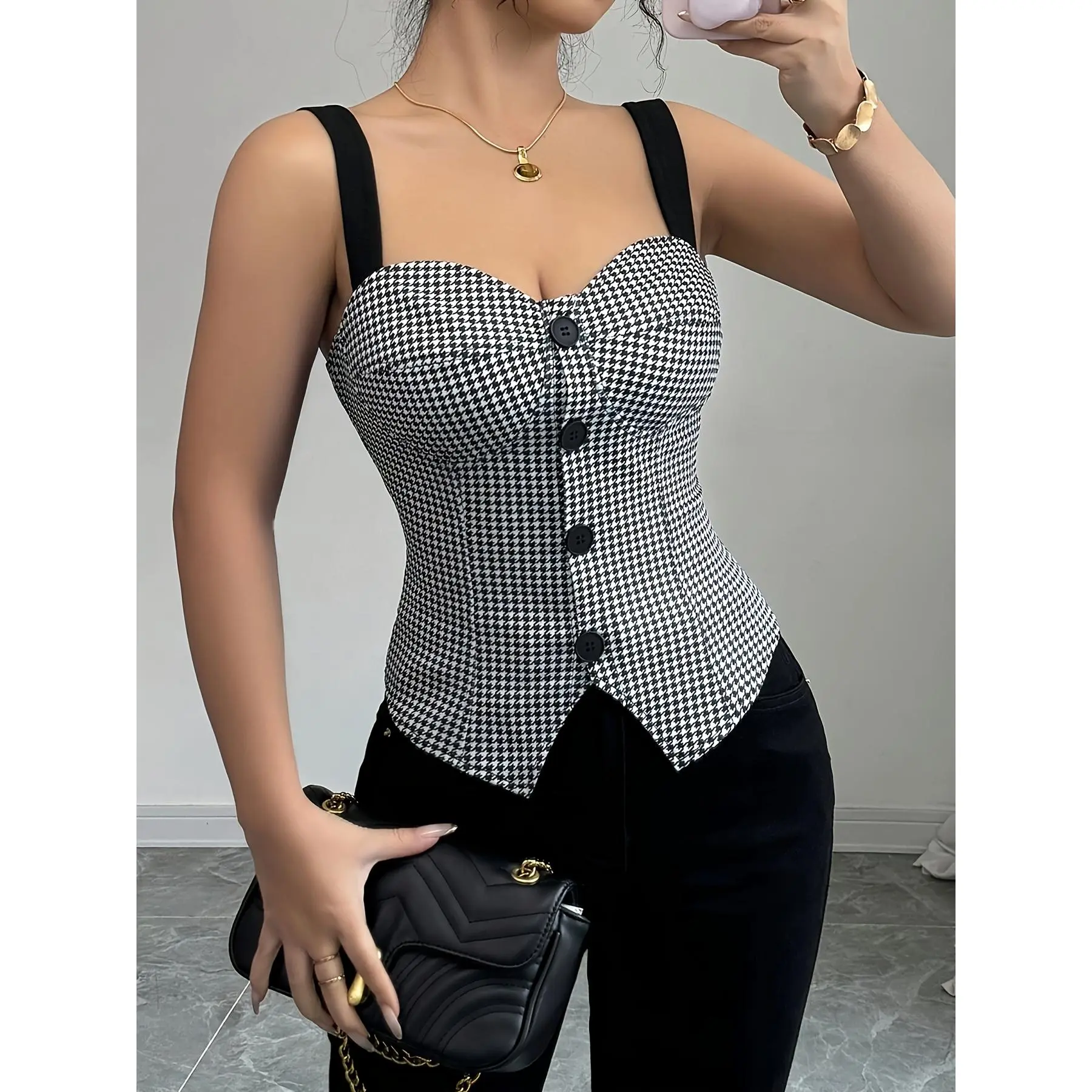 SYHAN 2026 Latest Chic Women's Black Houndstooth Polyester Knit Off-the-Shoulder Sleeveless Single-Breasted Vest, Versatile Fabric, Style-Focused, Suitable for Spring-Summer