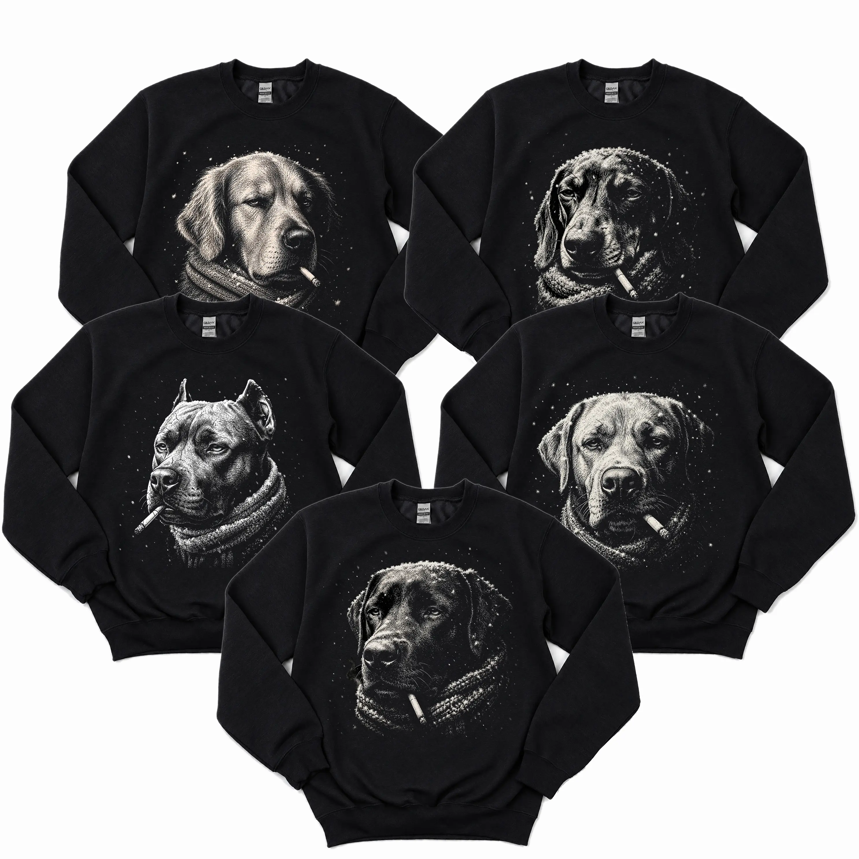 Black dog sweatshirt Showcasing 50 dog breeds featuring realistic smoking dog portraits with scarves, bold monochrome artwork, cozy Gildan crewneck, and edgy pet-lover style.!