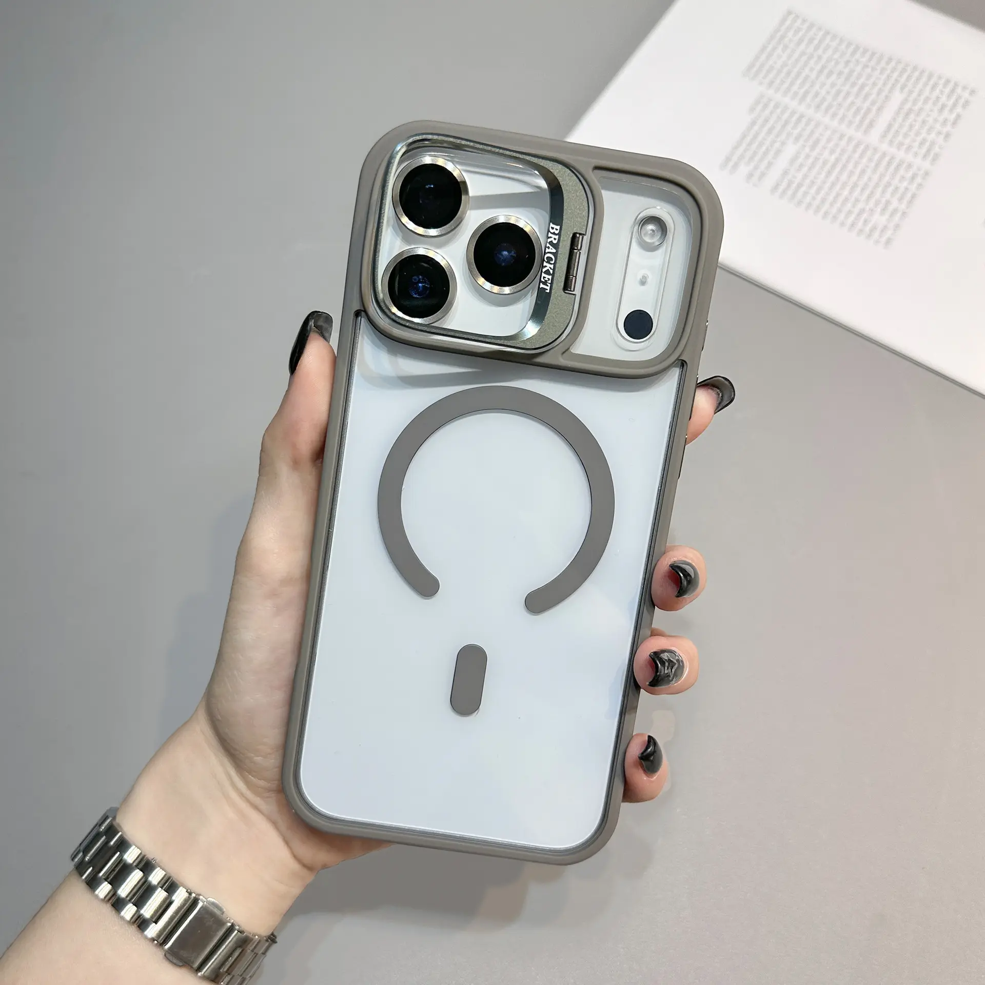 Magnetic Lens Frame Stand Smartphone Case with Foldable Wireless Shockproof Transparent Protection, Integrated Camera Bracket Cover for iPhone 12-17 Pro Max Plus - Vintage Skull Design, No Extra Lens Film, Cellphone Accessory