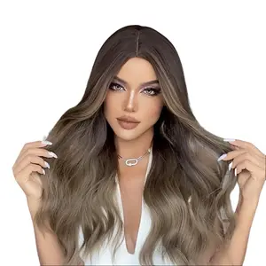 Natural Looking Long Wavy Middle Part Brown Wig with Highlights Ombre Full Head Synthetic Wig No Glue for Daily Wear Party Black Micro Ring Hair Extension Kit Soft Comfortable Sleep Hat Portable Ion Dryer Diffuser