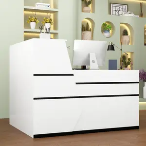 L-Shaped Reception Desk for Retail & Checkout, Modern Front Counter Table with Black Tapes for Office Lobby, White (55.1"W x 39.4"D x 43.3"H)