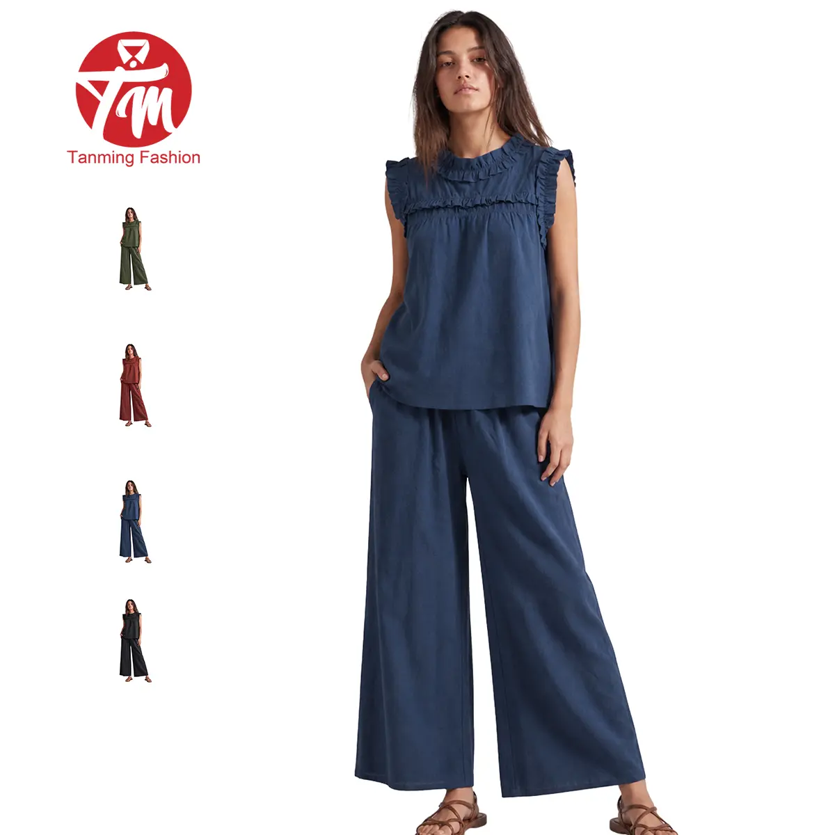 Tanming Women's 2-Piece Cotton Linen Set, Chic Casual Summer Loungewear with Loose-Fit Round Neck Sleeveless Ruffle Top and Wide Leg Pants, Casuallook, Basic, Women's Clothes