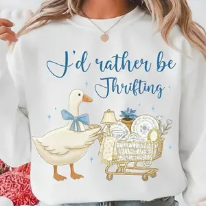 I’d Rather Be Thrifting Sweater, Retro Thrift Aesthetic Sweatshirt, Vintage Blue Gold Decor Cart Design, Boutique Style Cozy Sweater 2FU