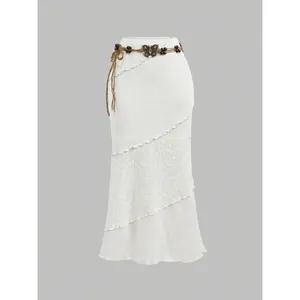 Women’s Casual Solid-Color Knitted Belted Skirt, Long Fitted Skirt for All Seasons, Plain Pattern, Comfortable and Stylish GARMENTARY