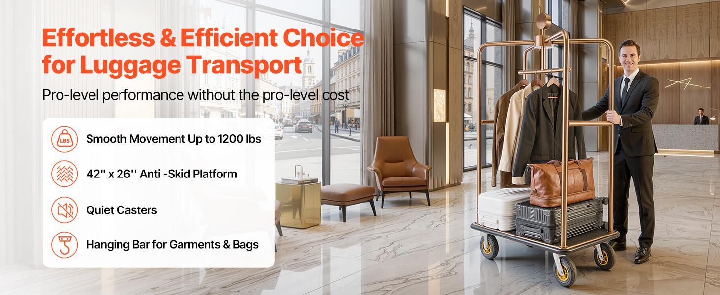 VEVOR Hotel Luggage Cart, 1200 lbs Heavy Duty Bellman Cart with Stainless Steel Frame, 8 in Rubber Wheels, Black Carpeted Deck, Commercial Luggage Carrier Rolling Trolley for Hotels,Resorts, Rose Gold
