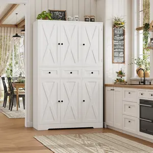 【2 packages shipping】HOSTACK Modern Farmhouse Kitchen Pantry Storage Cabinet 67" H with Barn Doors 3 Drawers & 6 Spacious Cabinets for Dining Room Living Room