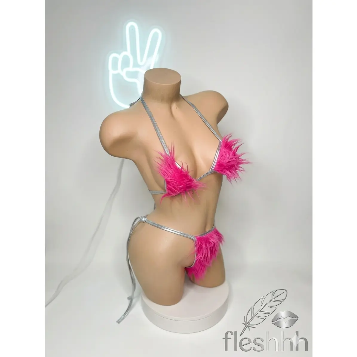 Neon Pink Faux Fur Rave Bikini Set