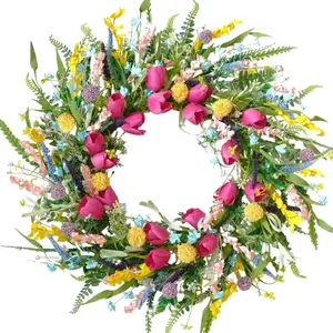 Bibelot 22-Inch Spring Tulip Wreath, Synthetic Lifelike Tulip Forsythia Lavender Handcrafted Decor for Front Door, Indoor-Outdoor Wall Window Home Decor