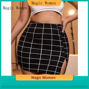 【Magic Women】Plaid Print Split Bodycon Skirt - Casual High Waist Mini Skirt - Women's Clothing - For Women - Suitable for Casual Outings, Parties & Dates - Perfect Gift for Fashionable Women