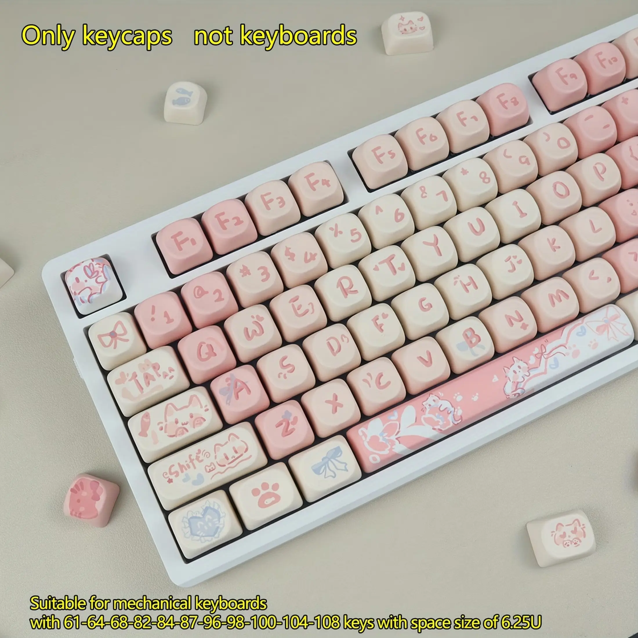 Rouge Kitten Keycaps Moa Height Pbt Dye-Sublimation, Compatible with Mx Switches, 6.25u Spacebar, Kawaii Style, Mechanical Keyboard, Keycap Set