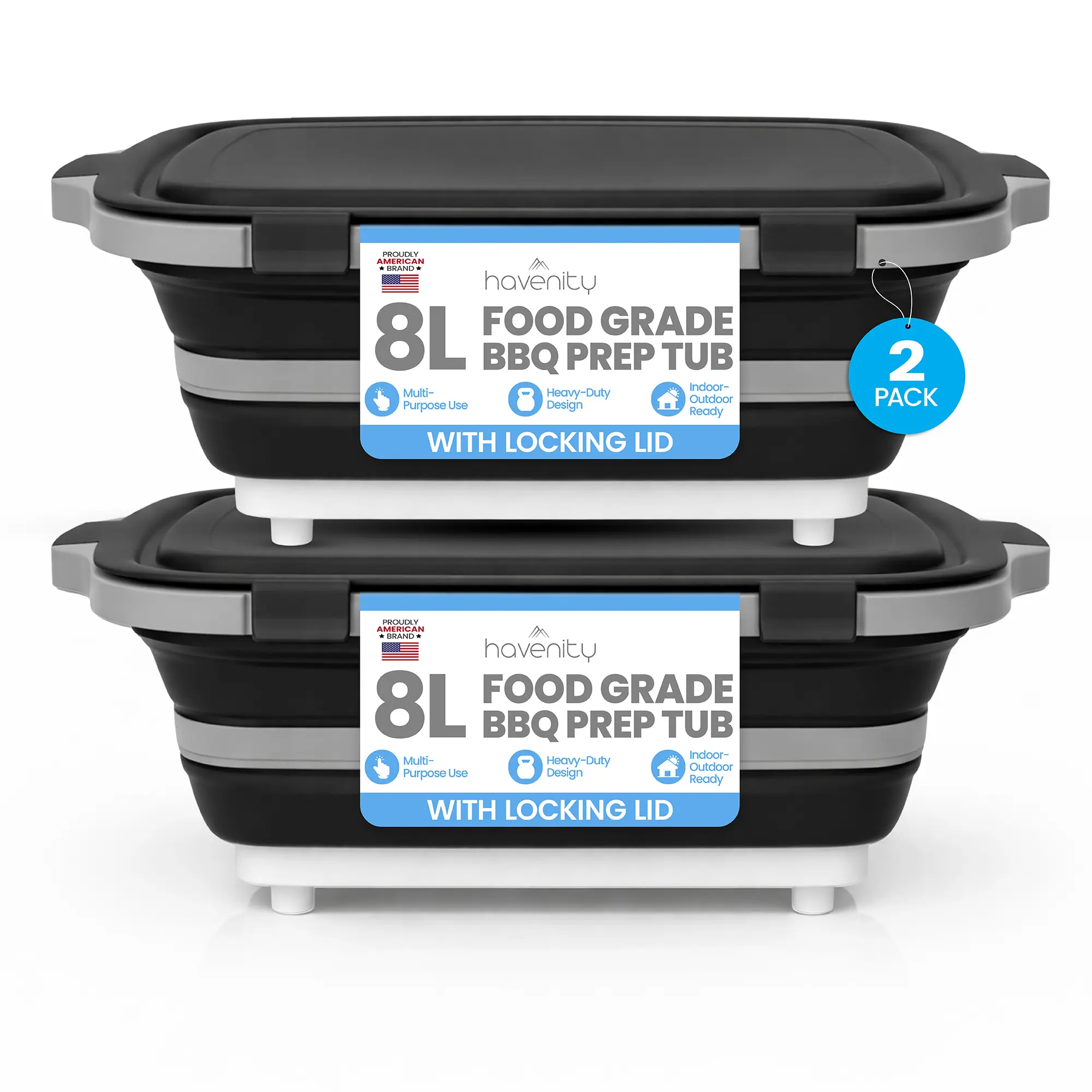 Havenity 2-Pack 8L Plastic Multifunctional Collapsible BBQ Prep Basin, Food-Grade Portable Food Storage Containers with Lid, Camping Cutting Board Utensils for Grilling, Outdoor Meal Prep summerwins