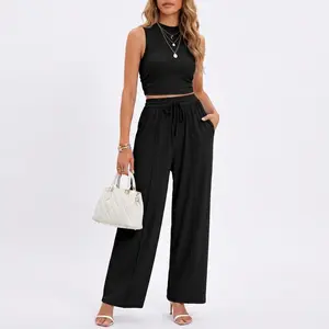 Women's 2-Piece 2026 Summer Casual Outfits, Chic Minimalist Ribbed Cropped Sleeveless Tank Top & Wide Leg Pants, Basic Day Beach Lounge Clothing Set
