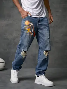 Men Cartoon Graphic Ripped Straight Leg Jeans