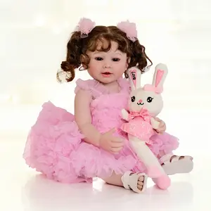 22" Realistic Vinyl Reborn Baby Girl Pincess Doll, Long Brown Hair with Blue-Green Eyes, Pink Tutu Dress & Cardigan, Magnetic Pacifier & Full Accessories Kit