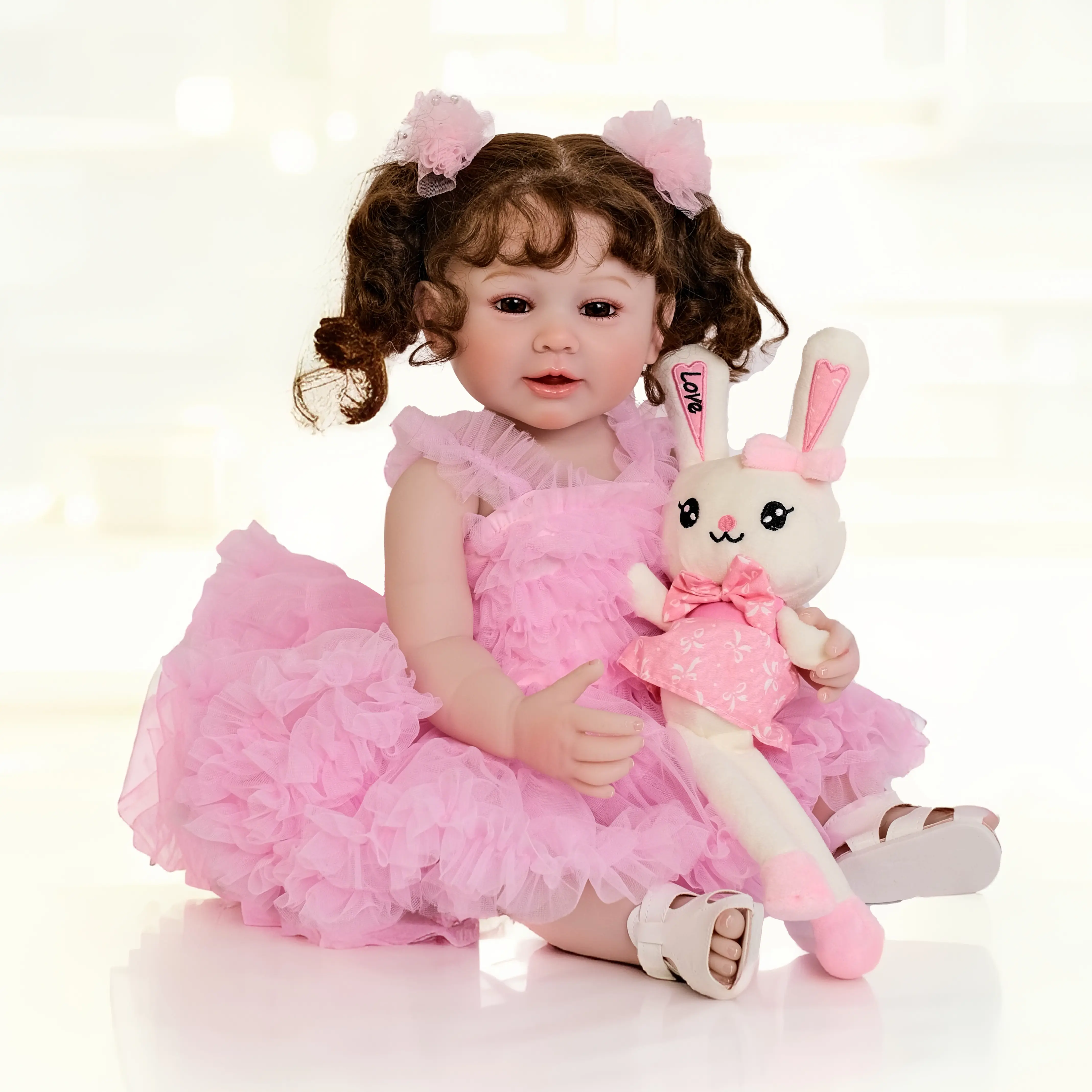22" Realistic Vinyl Reborn Princess Girl Doll - Long Brown Hair, Brown Eyes, Pink Tutu Dress, Cardigan, Magnetic Pacifier, Full Accessories Kit, Collectible Dolls