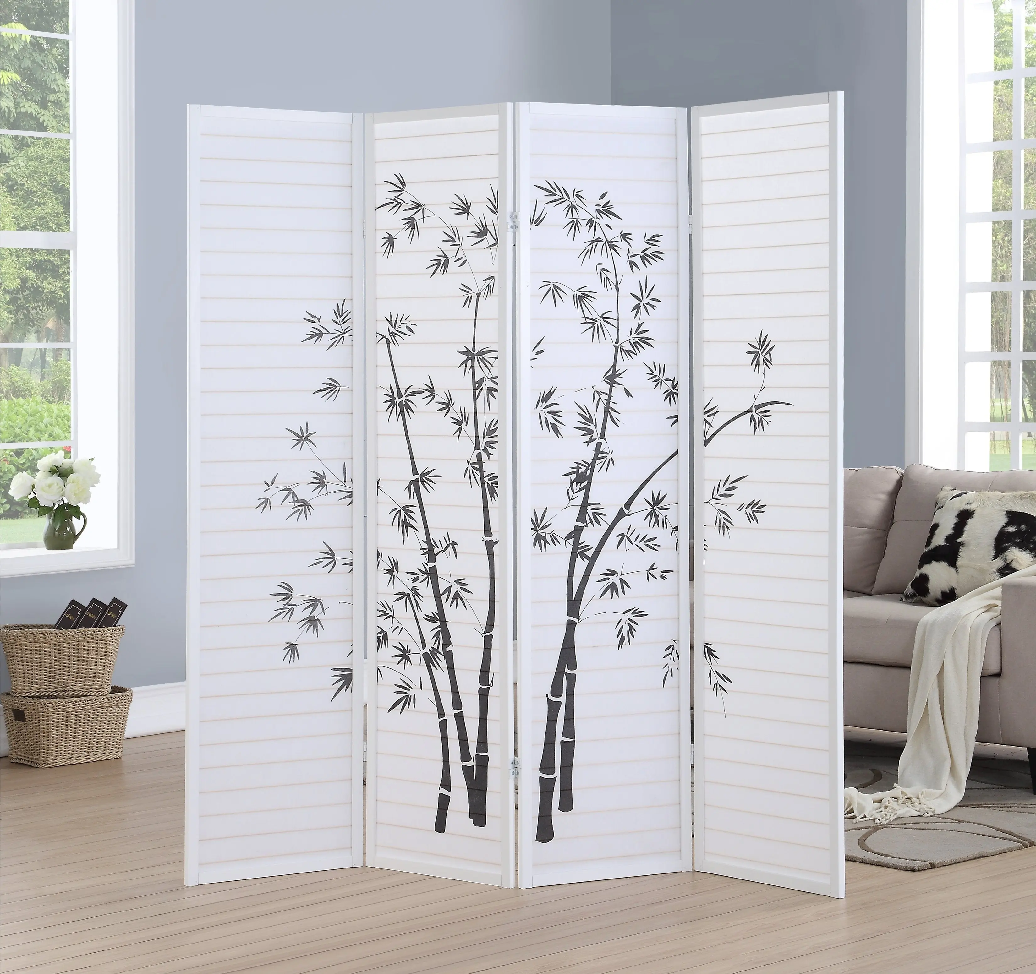 Bamboo Print 4-Panel White Framed Room Screen/Divider