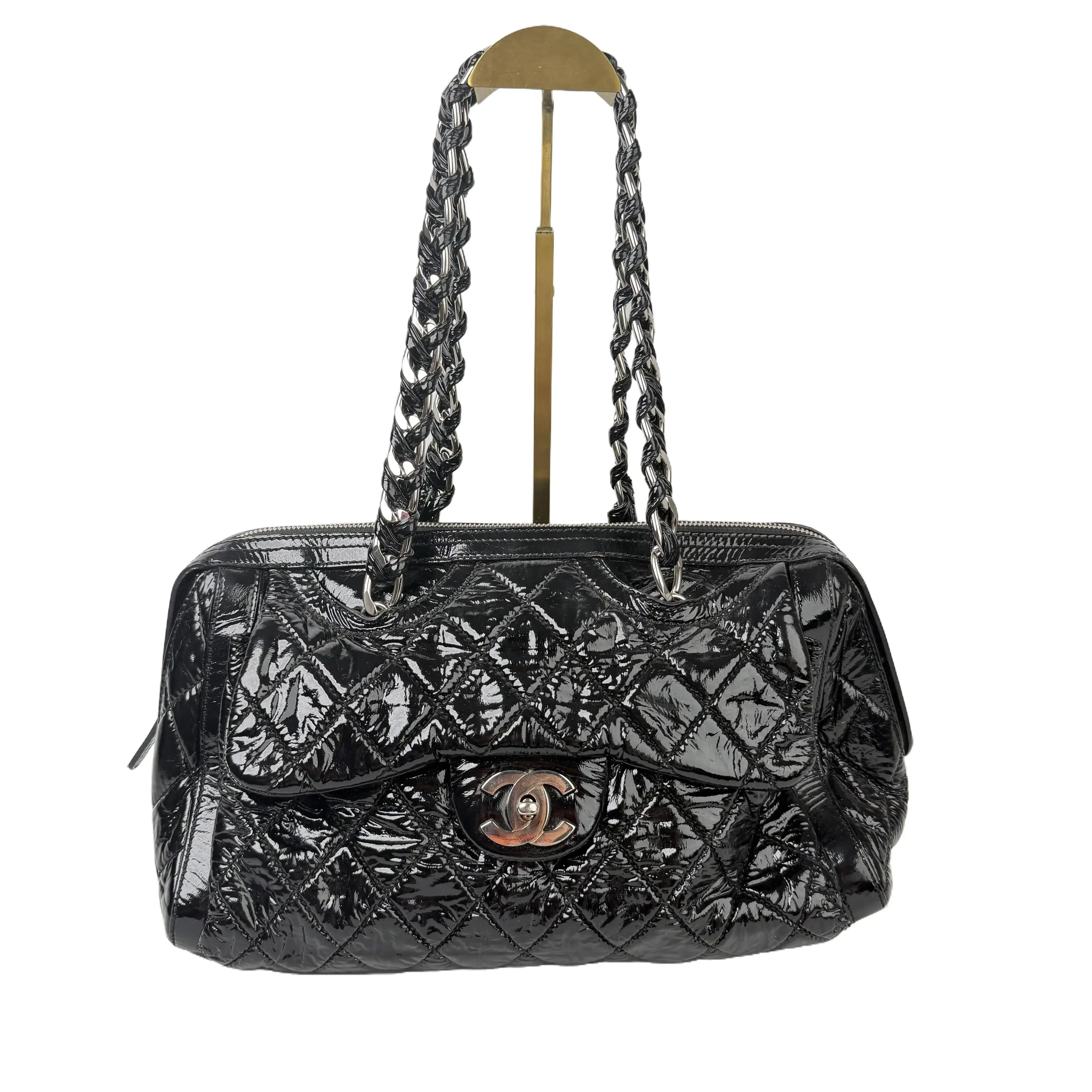 Pre-owned CHANEL Black patent leather Shoulder bags Certified Flap Shoulder Bag with Silver Accents, Good Condition, Moderate Wear with Some Visible Marks (S028260613006)
