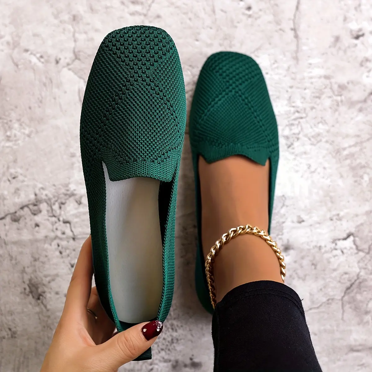 Women's Soft Sole Knitted Flats, Breathable Square Toe Soft Sole Shoes, Casual Lightweight Slip On mom & Pregnancy Flats
