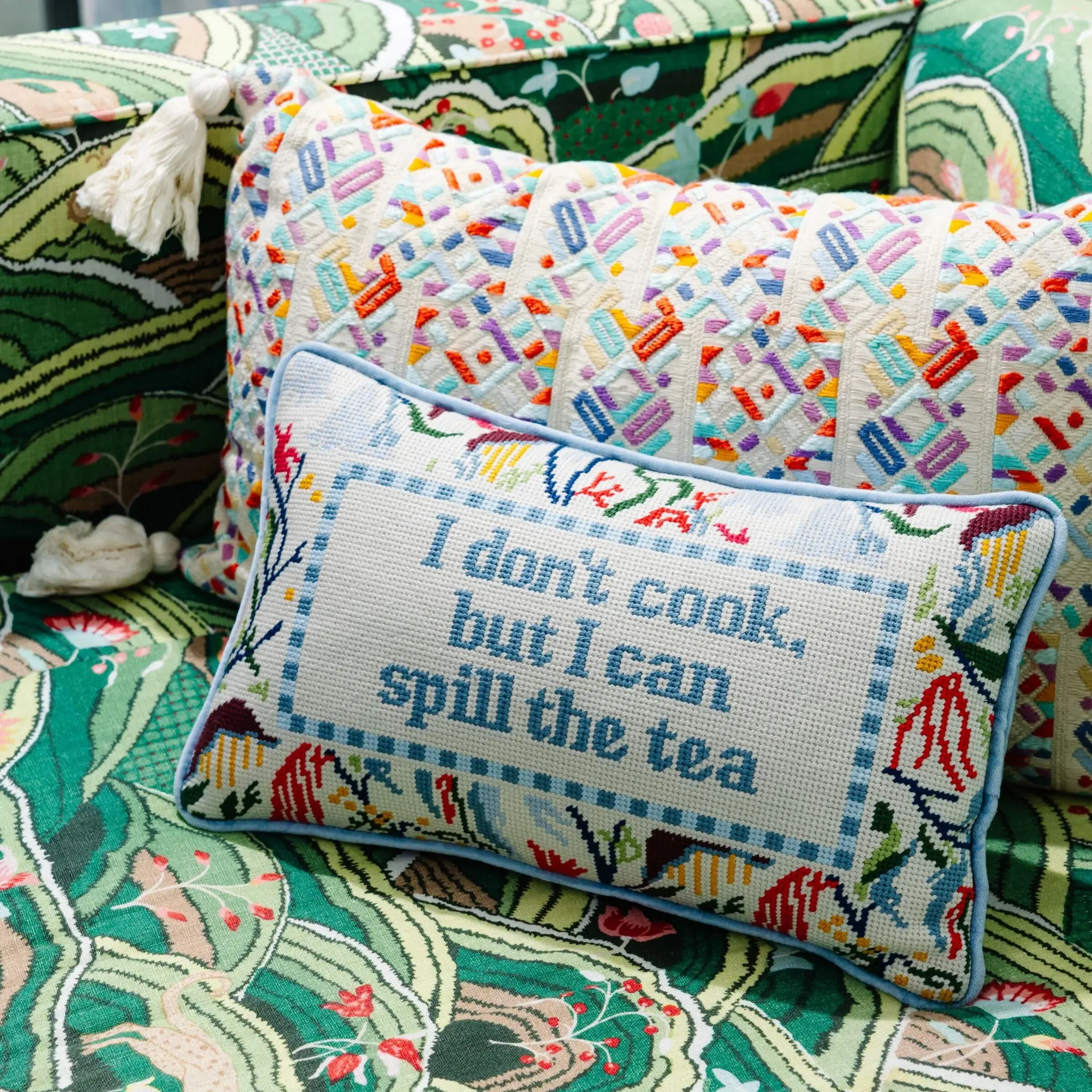 Velvet Needlepoint Pillow - "Spill the Tea" Playful Quote Design, Vibrant Unique Saying Accent for Bedding, Living Spaces