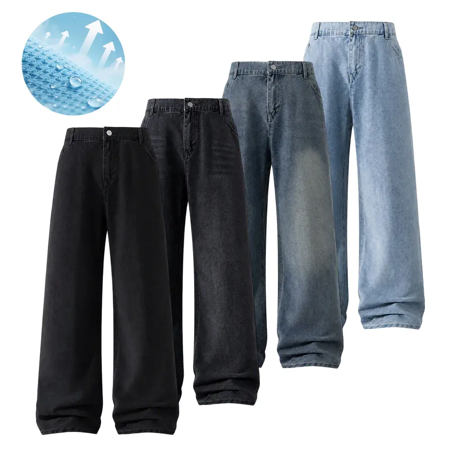 Lightweight, drapey wide-leg washed denim jeans with an elastic back waistband that fits a variety of waist sizes. A loose fit flatters leg shape and avoids looking bulky. Available in multiple colors, made from soft, breathable denim—versatile long pants