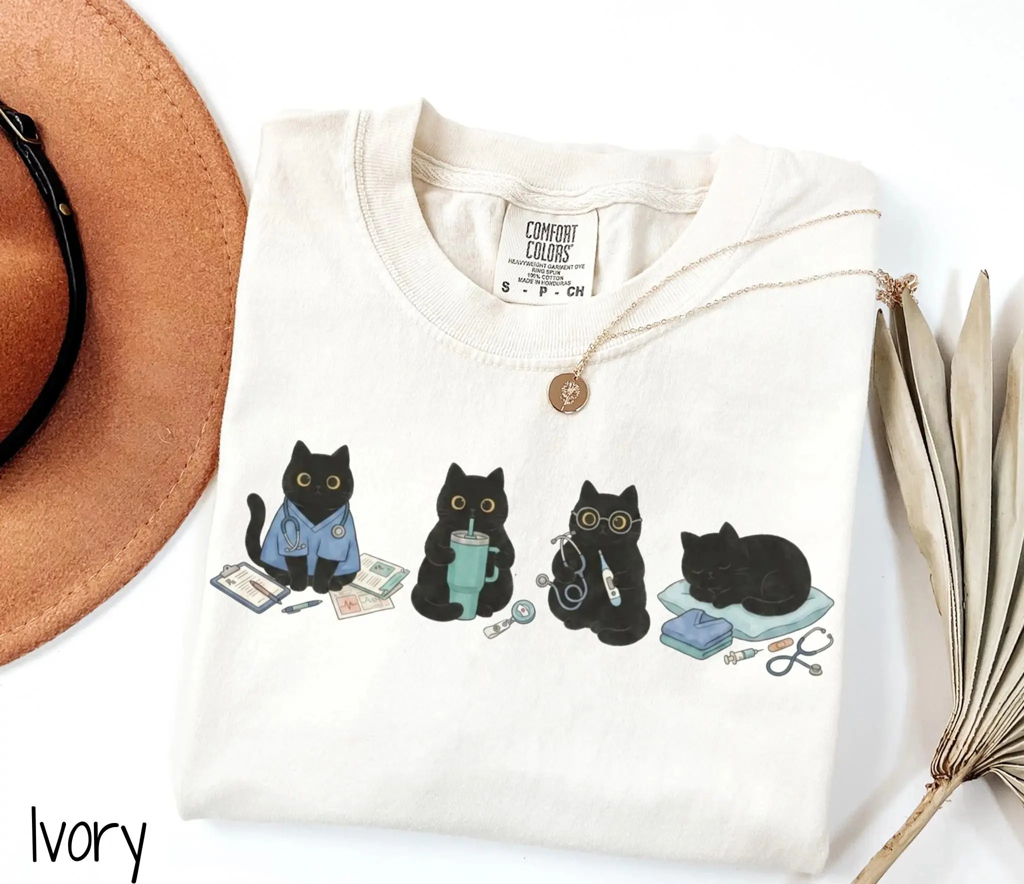 Comfort Colors Black Cat Nurse T-Shirt, Cute Kitten RN Graphic Tee, Nursing Cat Shirt, Funny Medical Assistant Top, Spooky Vet Tech Cat Lover Outfit, Halloween Nurse Student Apparel, Cute Healthcare Worker Clothing, Gift for Women & Men