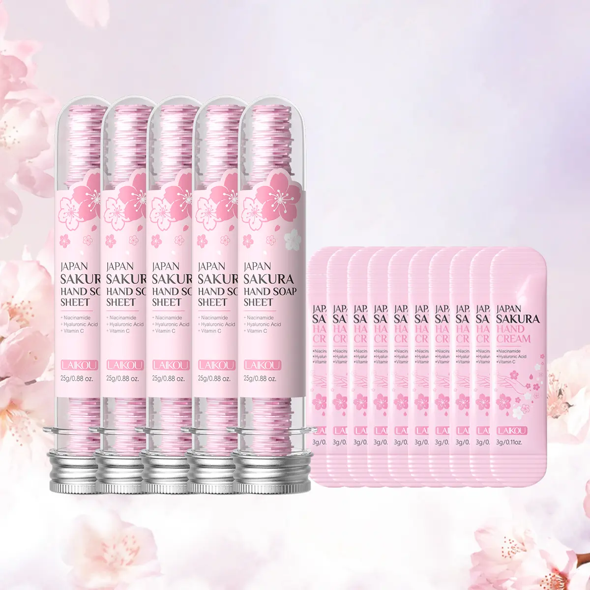 Laikou Sakura Hand Wash Hand Soap Tablets 25g X 5, & Travel Size Hand Cream 3g X 10, Moisturizing & Refreshing Scented Bath Accessories