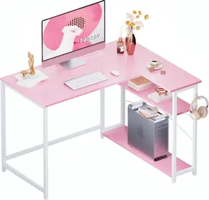 43 Inch L Shaped Computer Desk with Reversible Side Storage Shelves, Small Corner Desk for Small Space Home Office,Writing Study Table PC Desk for Bedroom,Pink with White