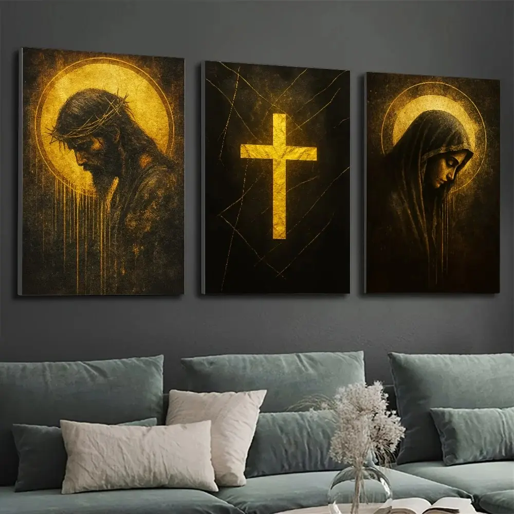 3pcs/set Frameless Religious Canvas Wall Art Set Jesus and Virgin Mary with Golden Cross Design Home Office Church Decor Indoor Mural Decor Christ Cross Print Spiritual Wall Decor