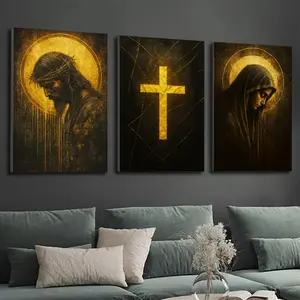 3pcs/set Frameless Religious Canvas Wall Art Set Jesus and Virgin Mary with Golden Cross Design Home Office Church Decor Indoor Mural Decor Christ Cross Print