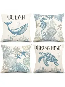 Beach themed marine shell coral starfish, single-sided burlap print pillow case, sofa decorative pillow case
