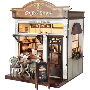 DIY Miniature House Kit, Coffee Shop Book Nook Kit, Mini Building Kit, Dollhouse Kit for Adults and Teens, Miniature Furniture, 3D Wooden Puzzles with LED Light, Craft Kit for Family and Friends(Retro Coffee Shop)