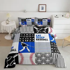 Baseball Comforter Set,Eat Sleep Baseball Bedding Set,Sports Game Sketch Quilt,Youth Black Blue Patchwork Geometric Striped Duvet Insert