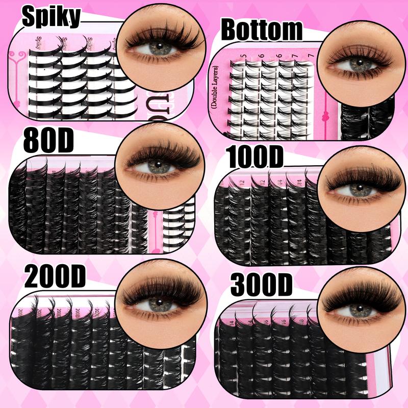 6 Styles Lash Cluster Kit, Spike/Bottom/80D/100D/200D/300D Volume Lashes, 980 Pcs 5–20 mm D-Curl Cluster Eyelash Extension Kit with Lash Bond and Seal (2 Bottles), Remover, Tweezers and Brush for Easy DIY at Home