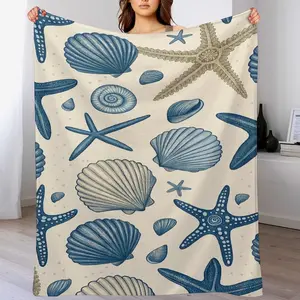 Flannel Fleece Blanket, Coastal Nautical Starfish Seashell Design Soft Throw, Cozy Warm Beach Home Decor Gift for Couch Bed, Premium Plush Blanket