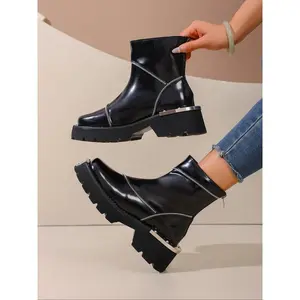 Women's Thick Sole Boots, Round Toe Boot, New Fall Winter Chelsea Boots, Metal Motorcycle Knight Boots, British Style Short Boots