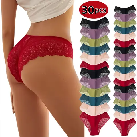 Women's 30-Pack Chic Fashion Sweet Assorted Color Contrast Lace Panties - Buttery Soft Seamless Support, Breathable Cotton Crotch, Stretchy No-Show Sheer Lingerie, Retro Everyday Underwear, Holiday Gifts (Thanksgiving, Chinese New Year) Womenswear