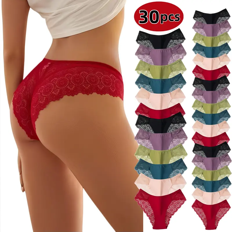Women's 30-Pack Chic Fashion Sweet Assorted Color Contrast Lace Panties - Buttery Soft Seamless Support, Breathable Cotton Crotch, Stretchy No-Show Sheer Lingerie, Retro Everyday Underwear, Holiday Gifts (Thanksgiving, Chinese New Year) Womenswear