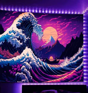 Japanese Sea Wave Tapestry, Blacklight Kanagawa Neon Sunset Ocean Tapestries Wall Hanging, UV Reactive Cool Tsunami Tapestry Wall Art for Bedroom, Living Room