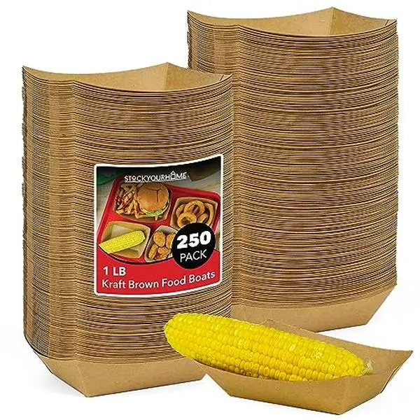 [250 Pack] Medium Disposable Brown Kraft Paper Food Trays, 1-Lb Concession Tray, Serving Boats for Party Snacks, Taco Bar, Seafood, Nachos Plates