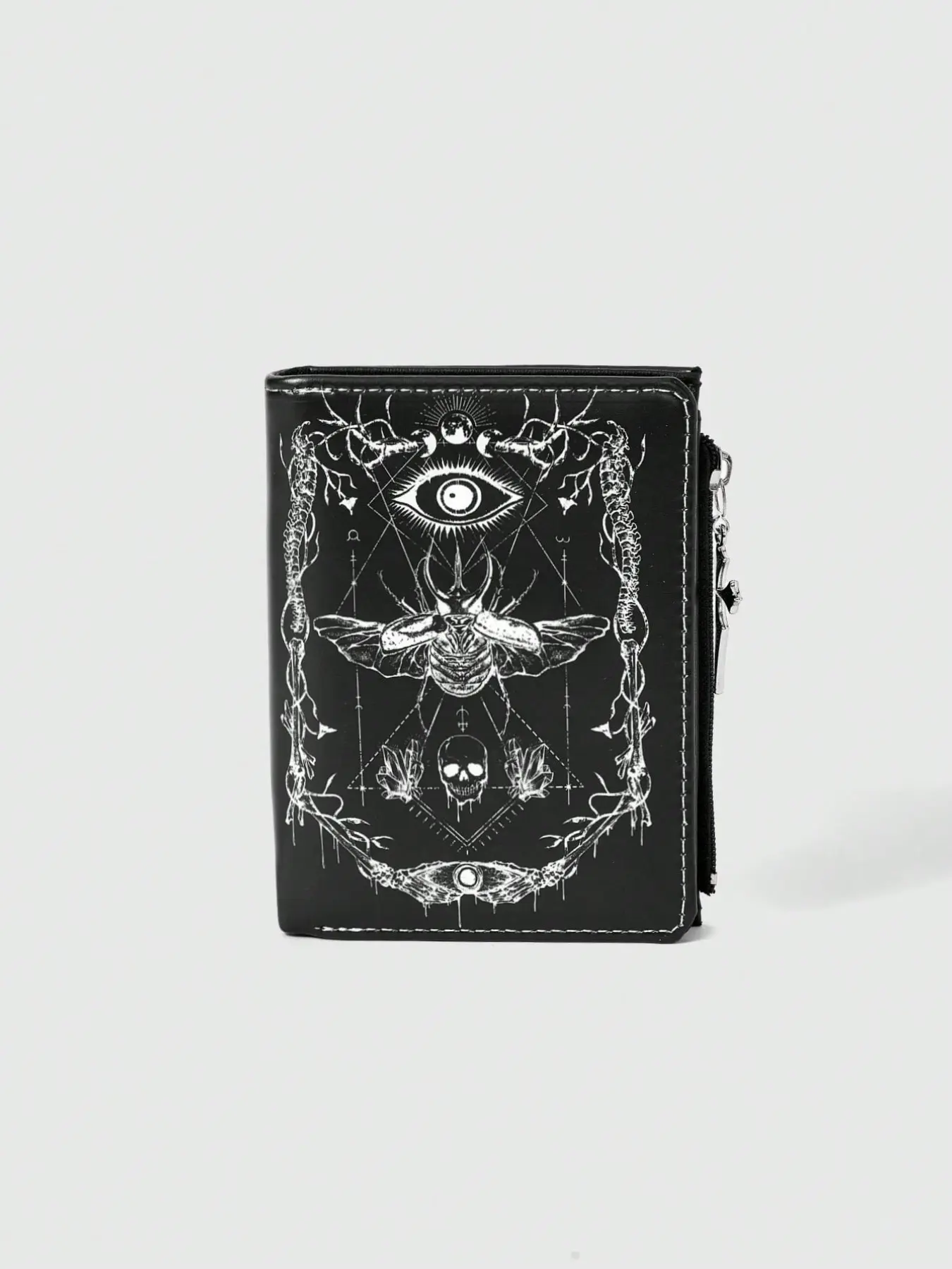 Gothic Neutral Wallet, Punk Skull Eye Insect Bone Tree Vine Geometric Sun Moon Crystal Design, Cross Zipper Coin Purse, Casual Fashion Card Holder, Zipper Pouch Wallet