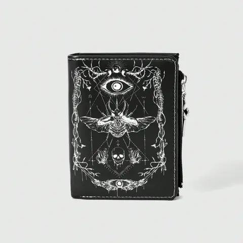 Gothic Neutral Wallet, Punk Skull Eye Insect Bone Tree Vine Geometric Sun Moon Crystal Design, Cross Zipper Coin Purse, Casual Fashion Card Holder, Zipper Pouch Wallet, Stylish Wallet
