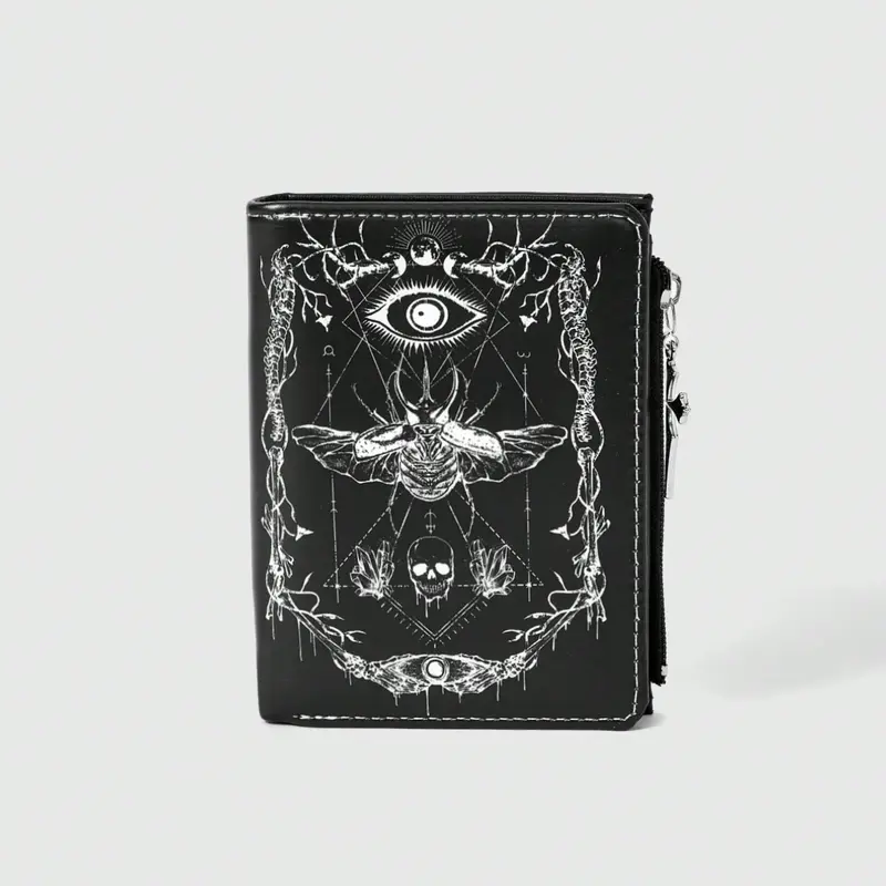Gothic Neutral Wallet, Punk Skull Eye Insect Bone Tree Vine Geometric Sun Moon Crystal Design, Cross Zipper Coin Purse, Casual Fashion Card Holder, Zipper Pouch Wallet, Stylish Wallet