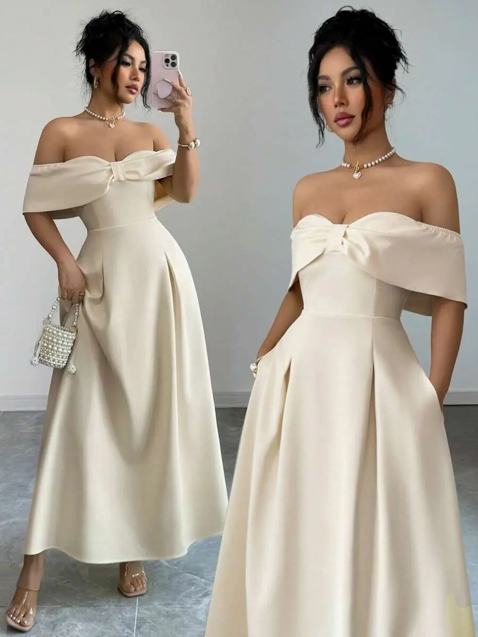 Women's Elegant Pale Yellow Off-Shoulder Bow Maxi Dress, Solid A-Line Umbrella Hem Pocket Gown For Summer