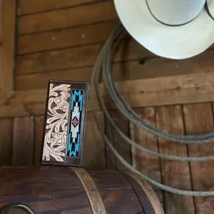 Tooled Aztec Bead Leather Wallet with Intricate Floral Design and Vibrant Beadwork for Stylish Accessory