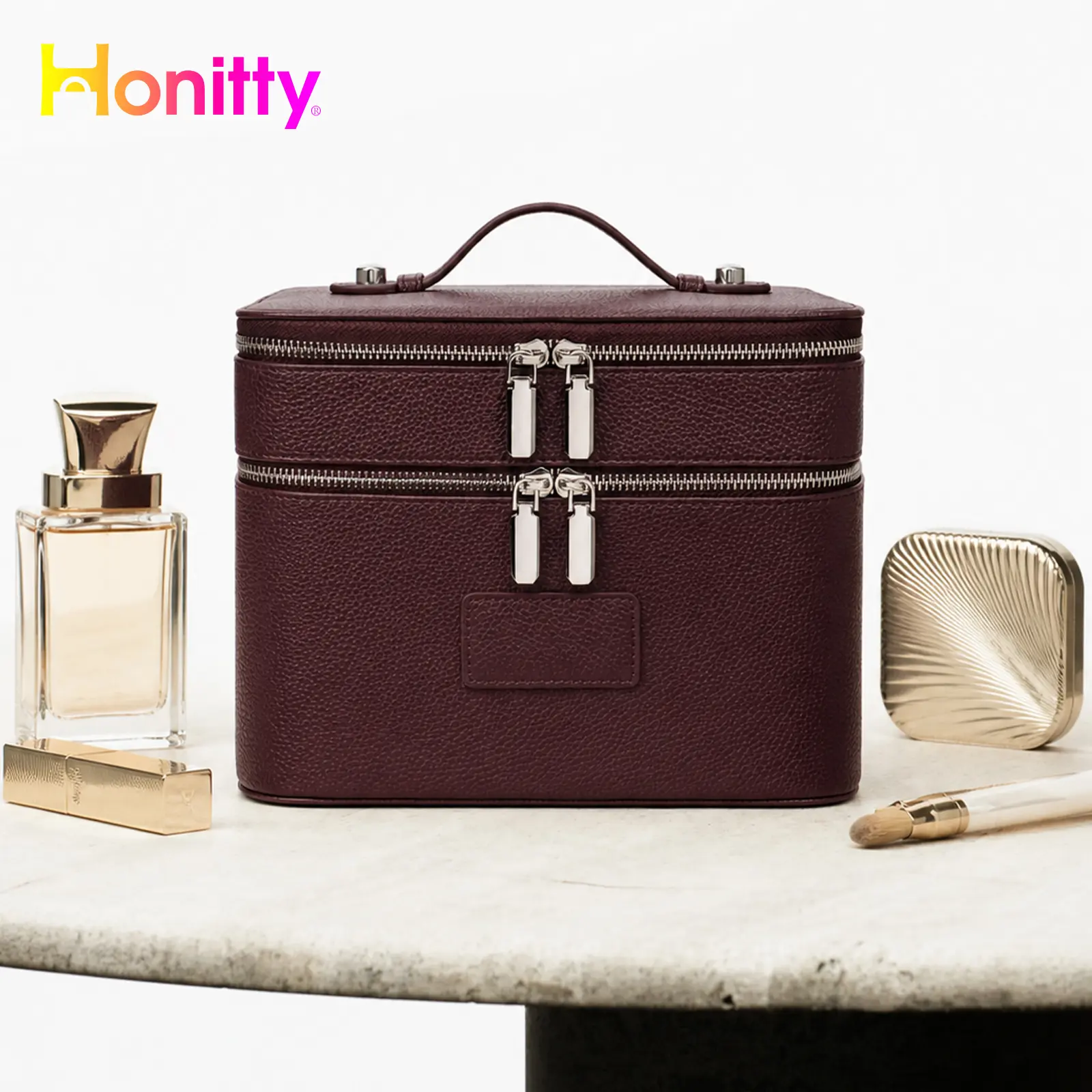 HONITTY Dual Vanity Case, Travel Makeup Bag Organizer with Removable Divider, Zipper-Closure Compact Cosmetic Bag